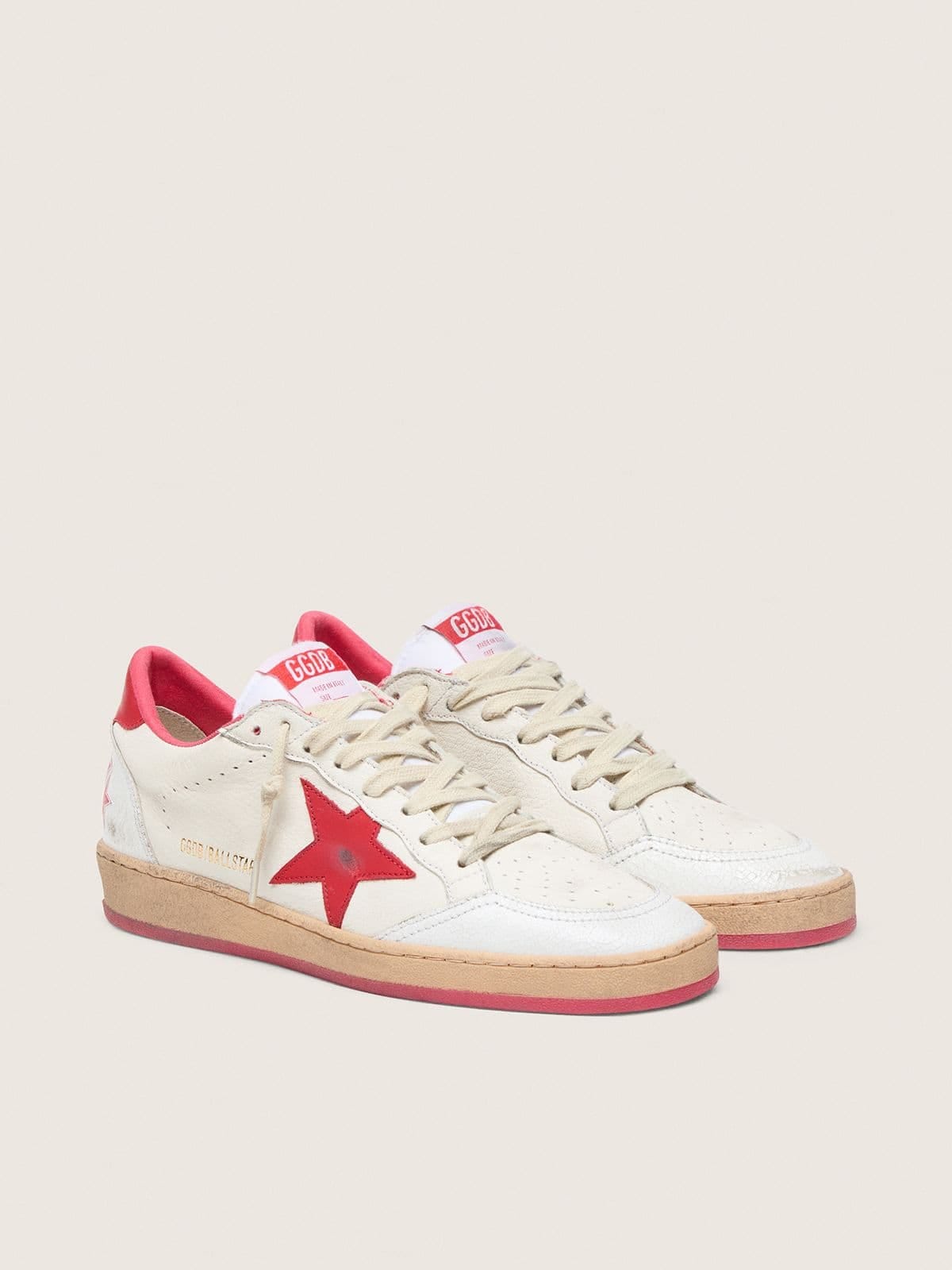 Golden Goose Womens Ball Star Wishes In White Leather With A Red Star And Heel Tab Womens