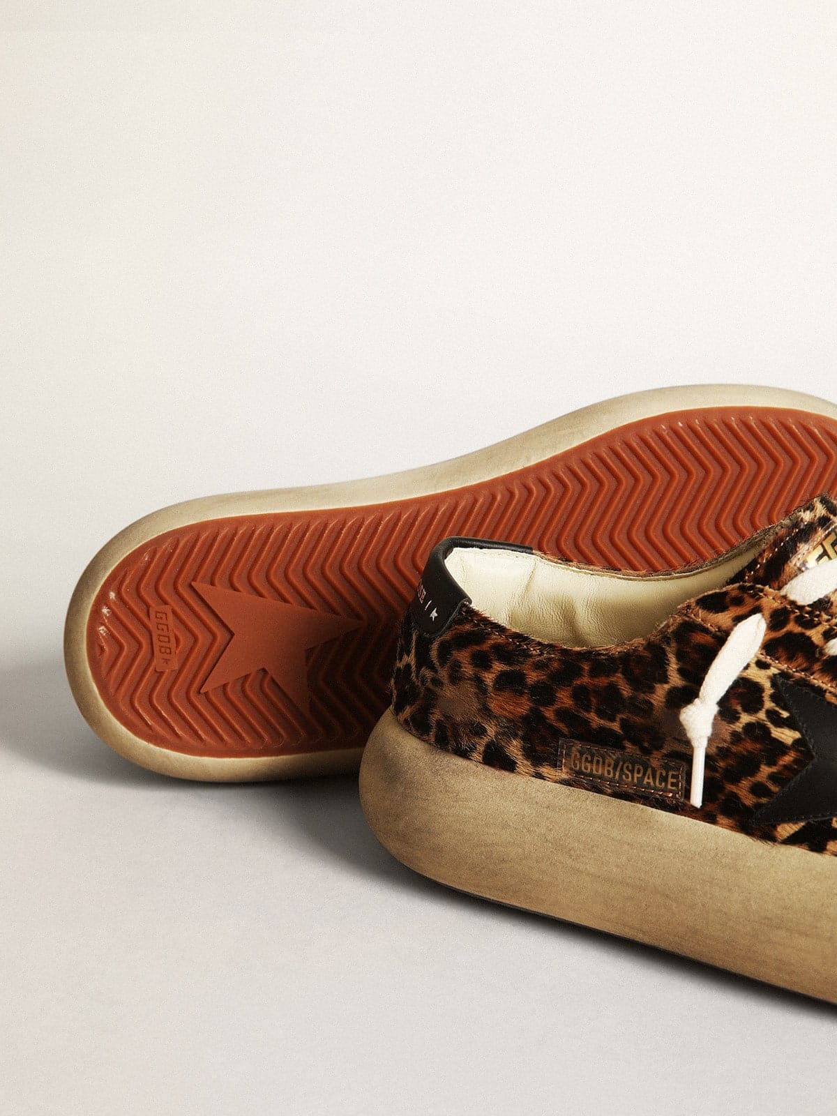 Golden Goose Womens Space-Star In Leopard Print Pony Skin With Black Star Womens