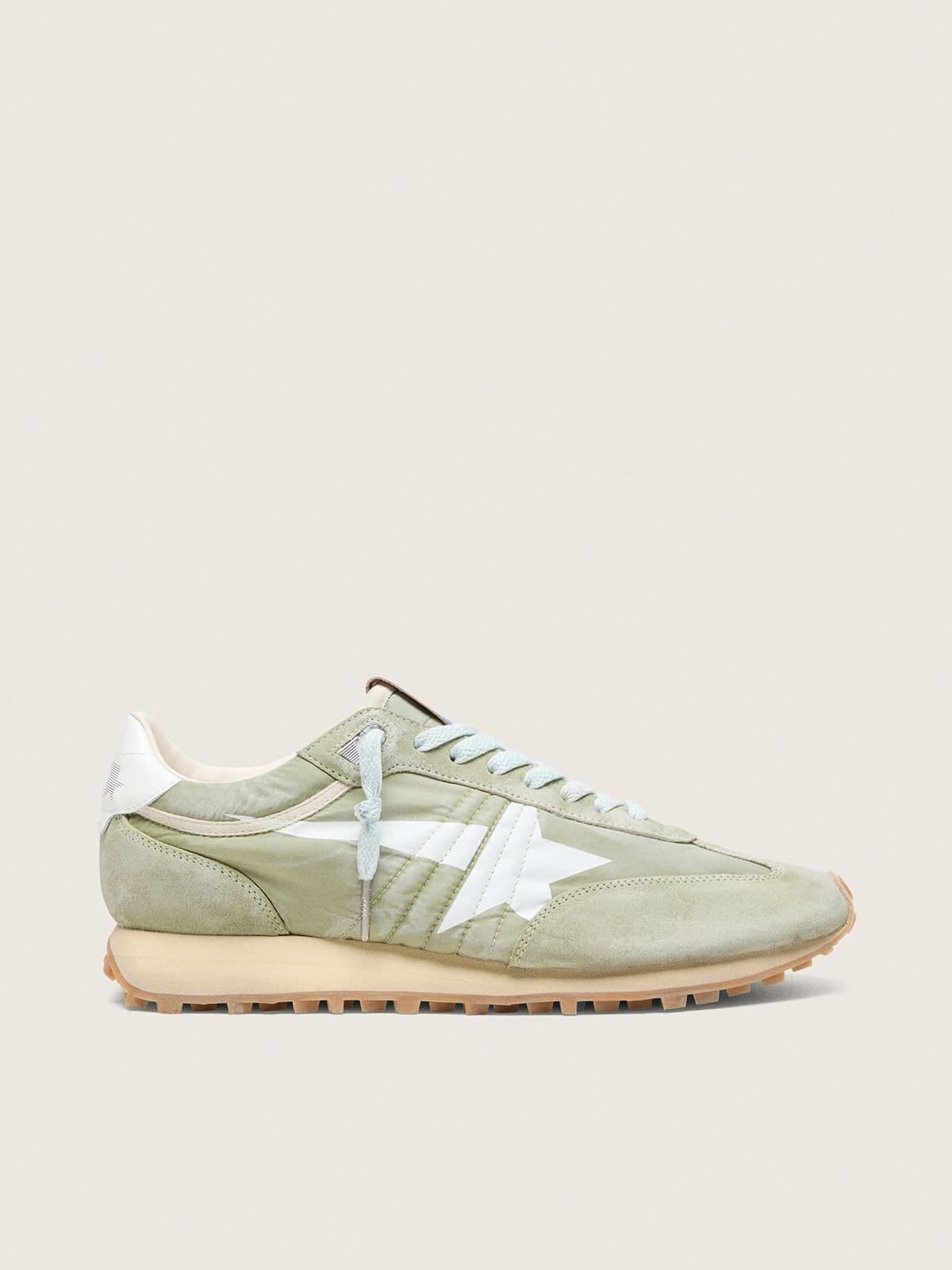 Golden Goose Mens Marathon In Sage-Green Nylon With White Star Mens