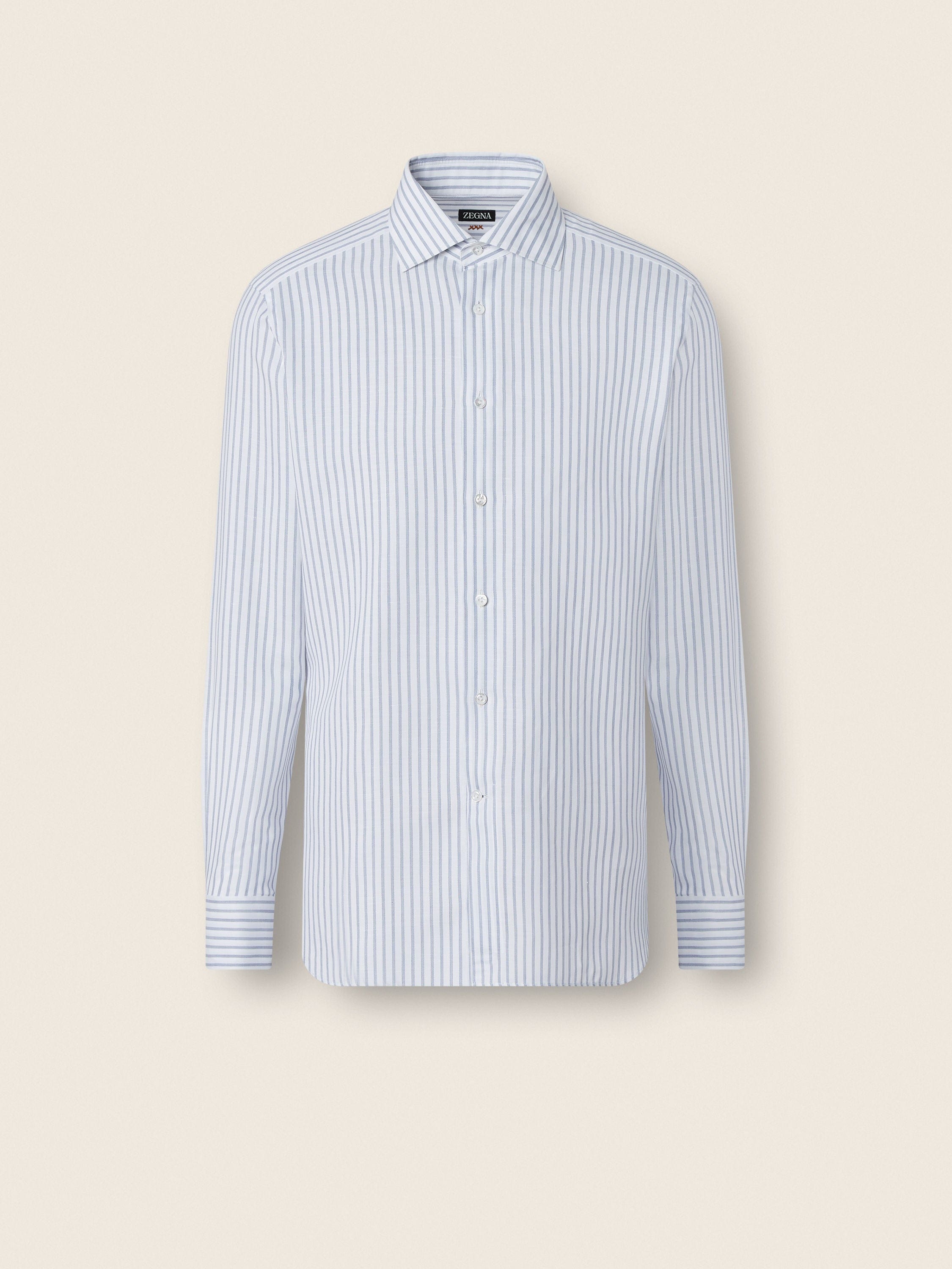 Zegna Dark Indigo Blue And White Striped Cotton Linen And Silk Shirt