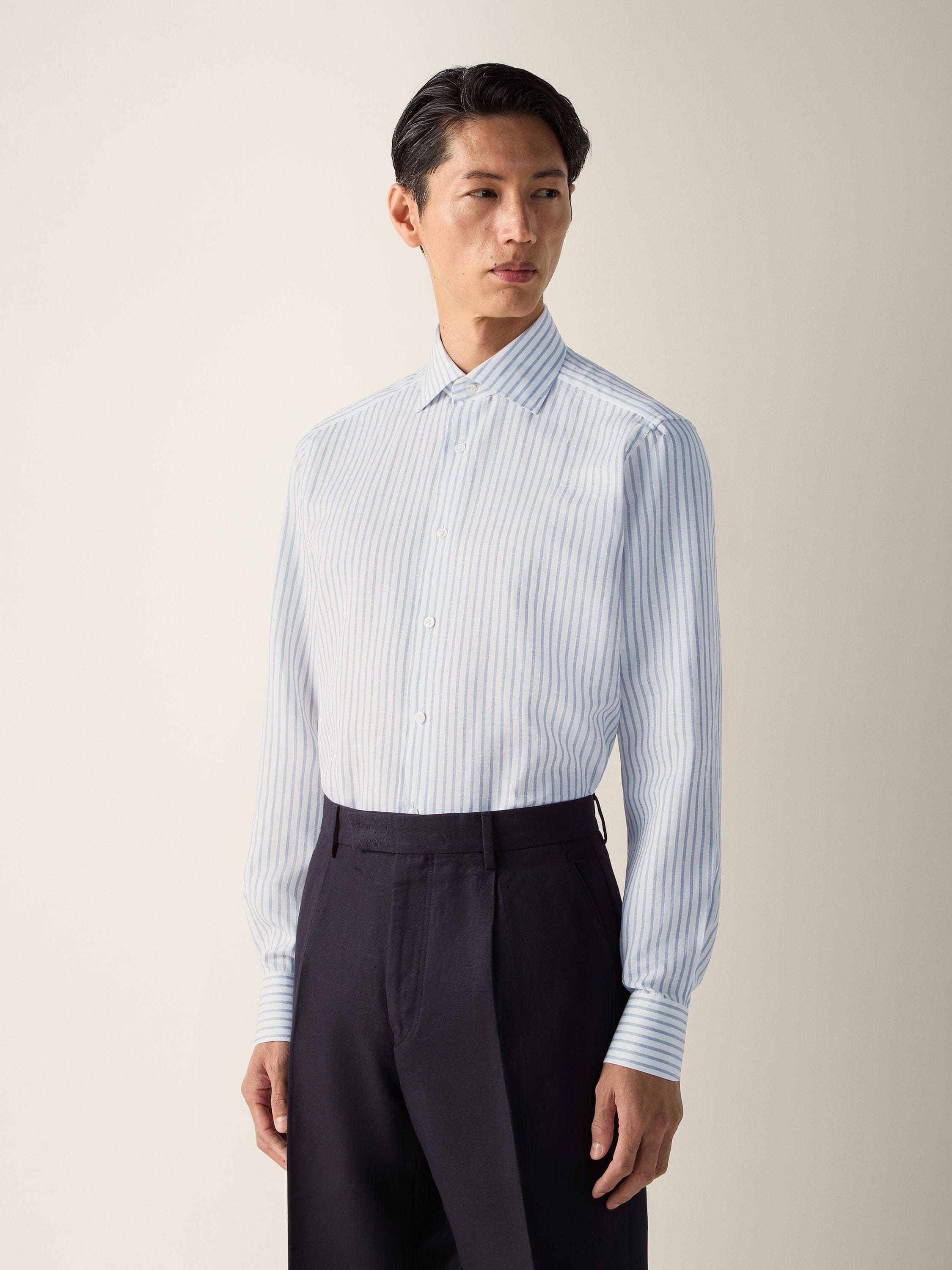 Zegna Dark Indigo Blue And White Striped Cotton Linen And Silk Shirt