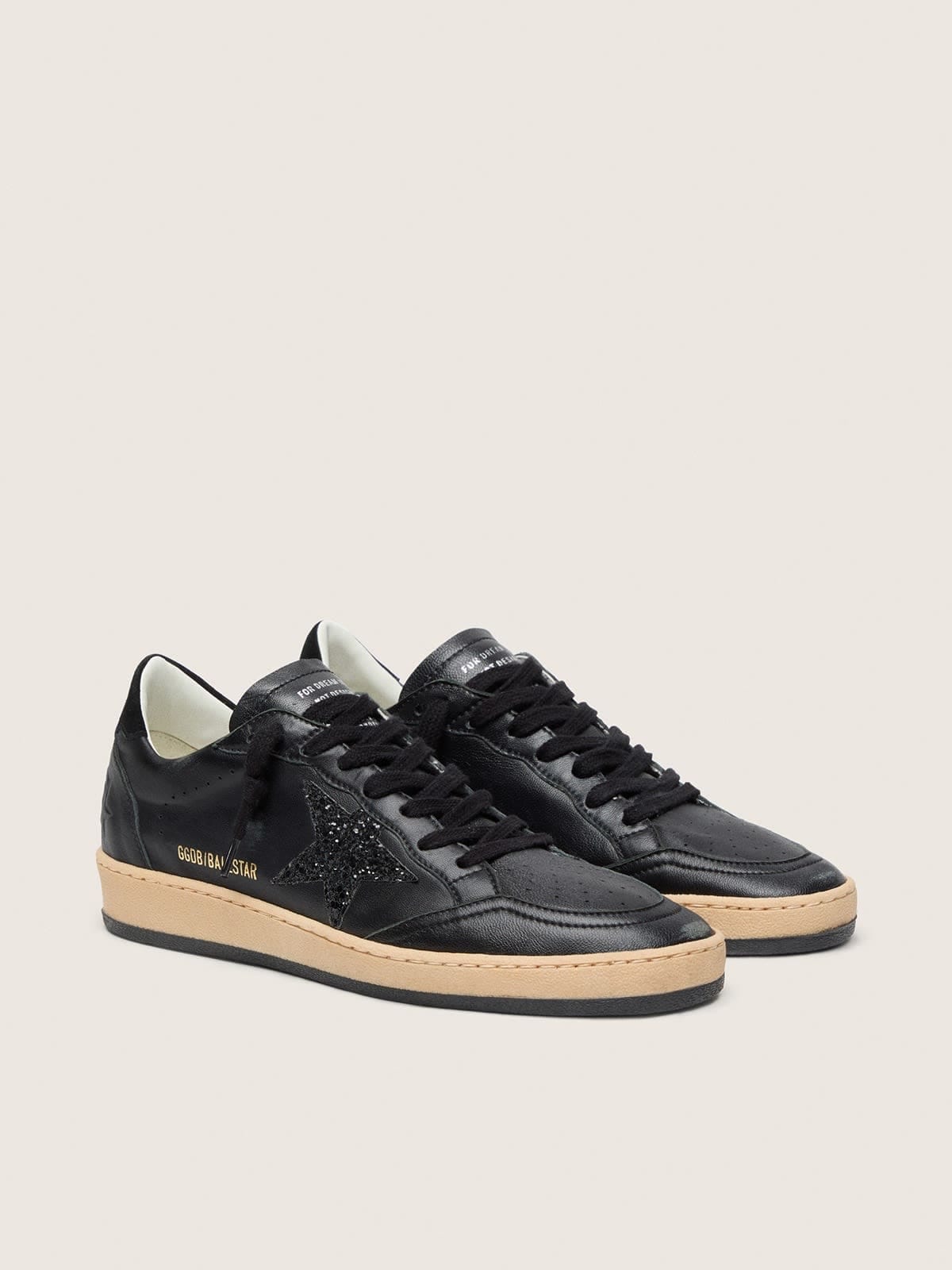 Golden Goose Womens Ball Star In Black Nappa With Black Glitter Star And Suede Heel Tab Womens