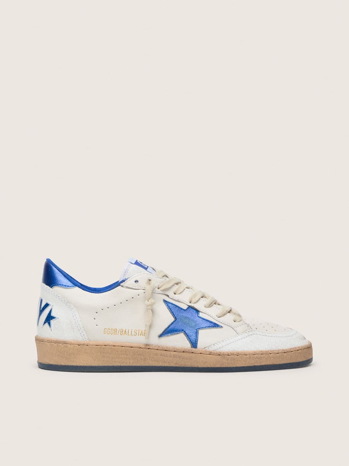 Golden Goose Mens Ball Star Wishes In White Nappa Leather With A Bright Blue Star And Heel Tab Mens