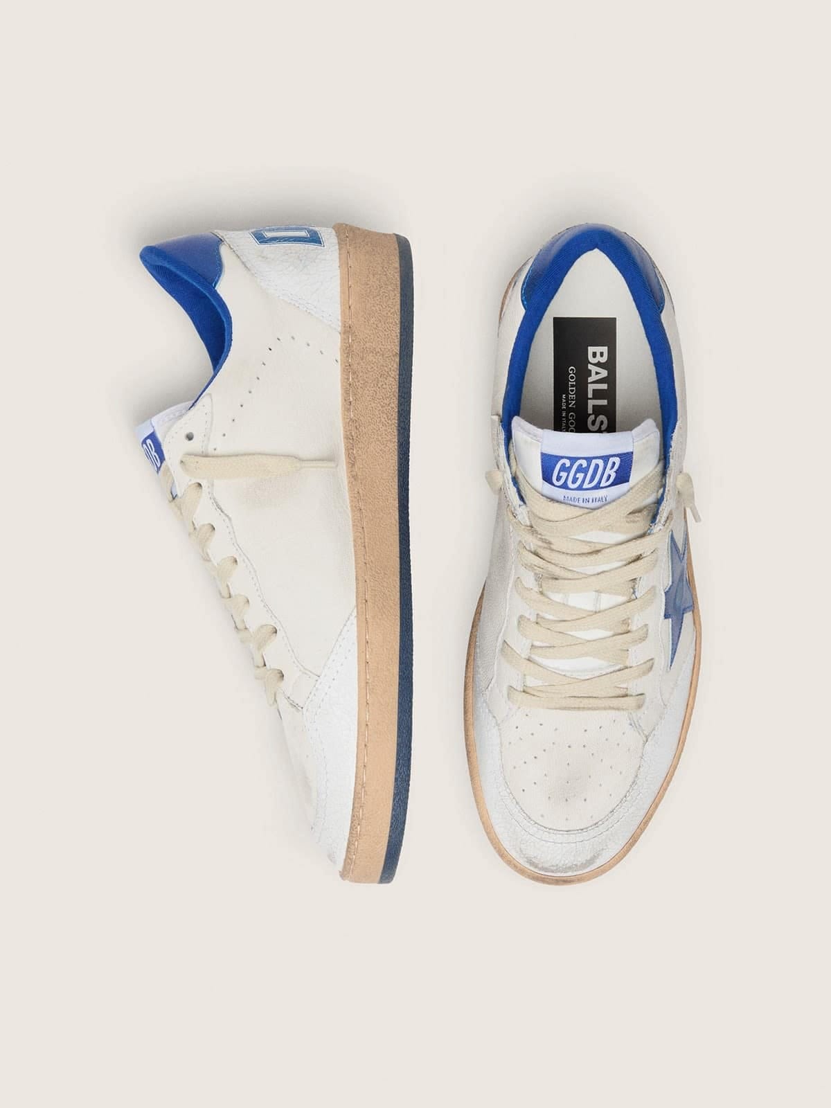 Golden Goose Mens Ball Star Wishes In White Nappa Leather With A Bright Blue Star And Heel Tab Mens