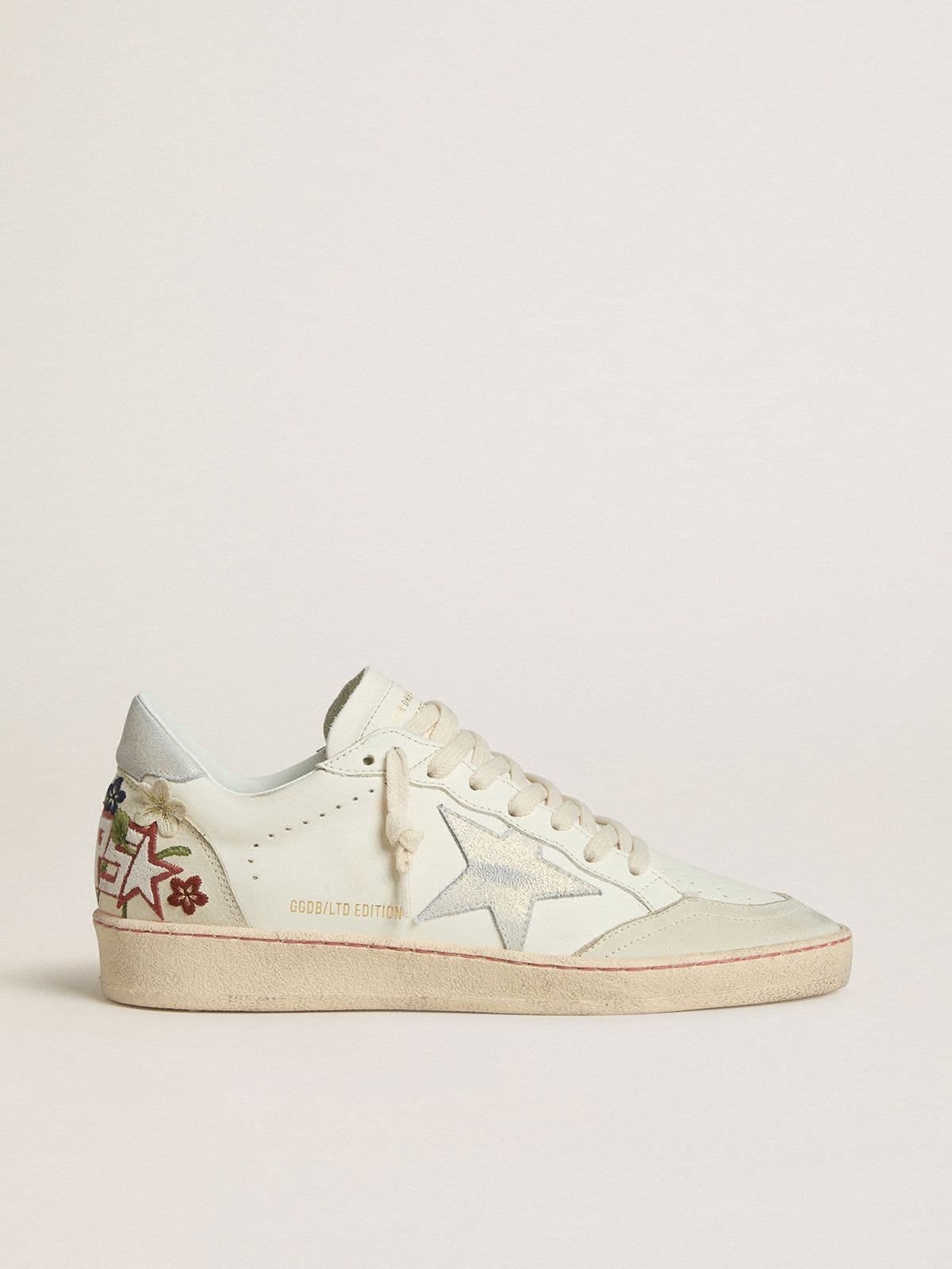 Golden Goose Womens Ball Star In Leather With Platinum Suede Star And Multicolor Floral Embroidery Womens