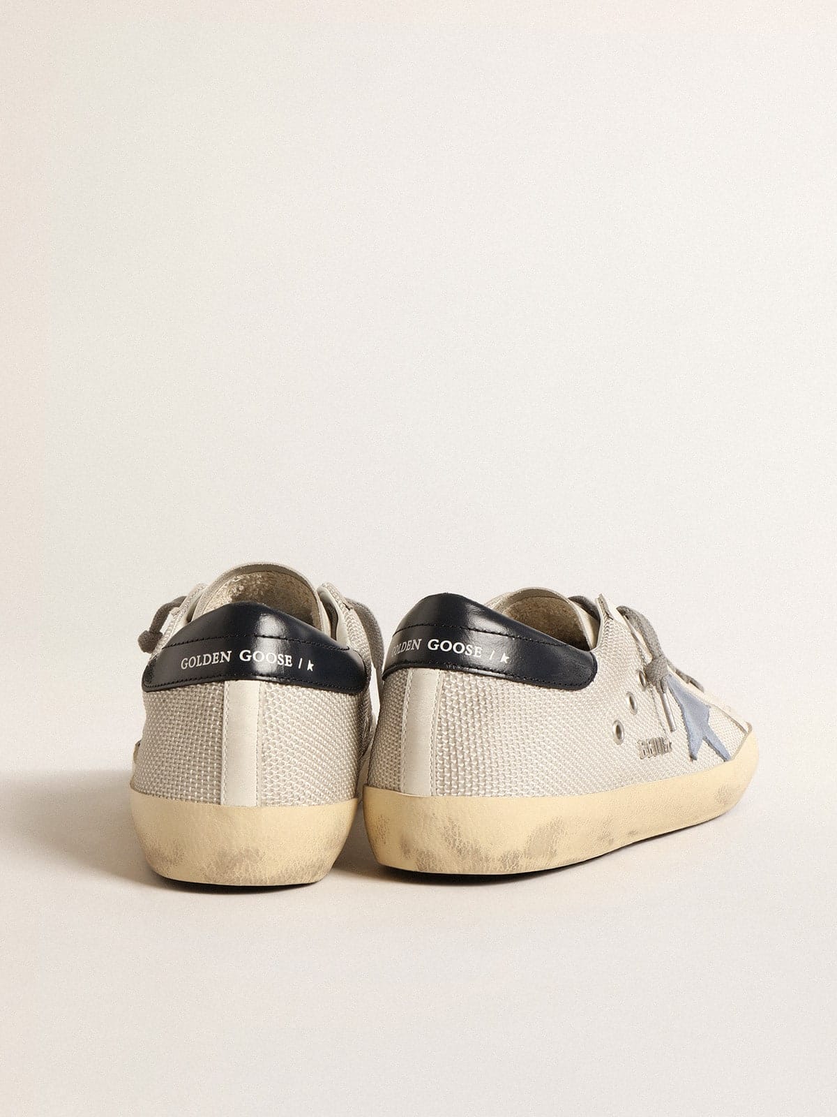 Golden Goose Super-Star In Pale Silver Mesh With Light Blue Suede Star Mens