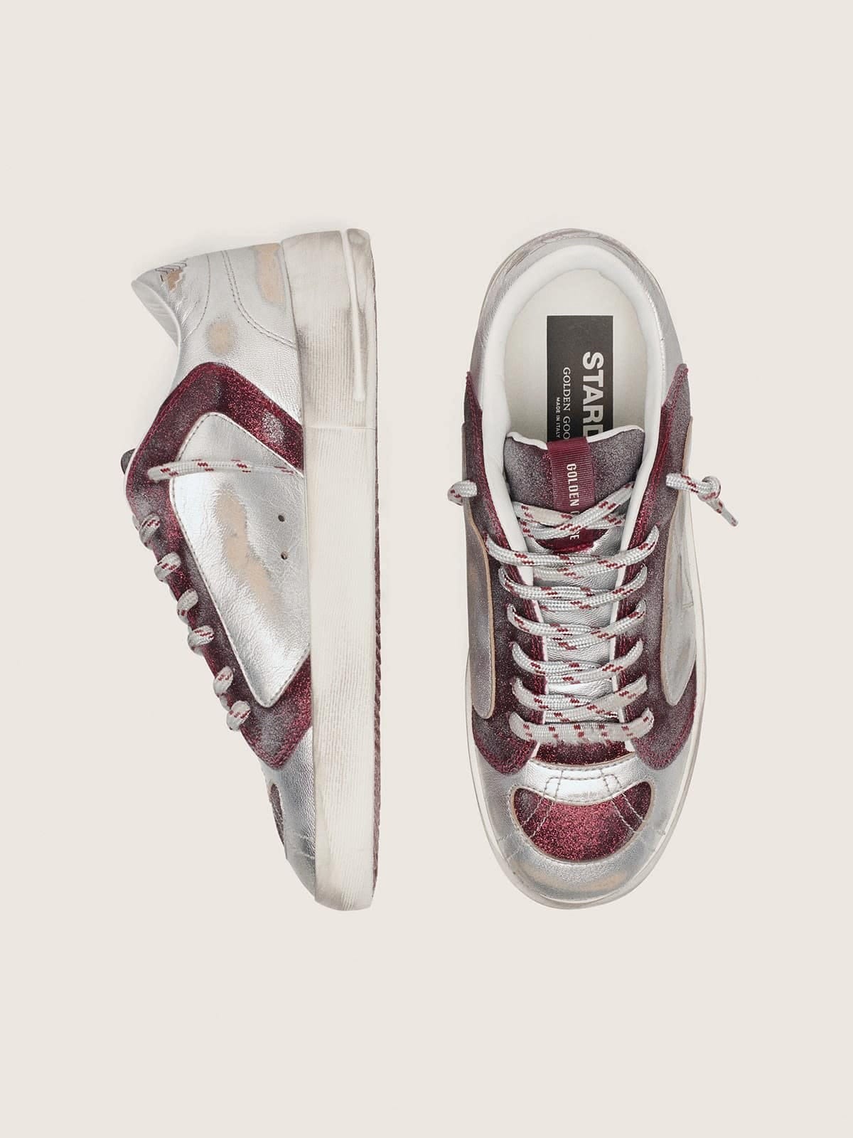 Golden Goose Mens Stardan Lab In Burgundy And Silver Leather And Glitter Mens