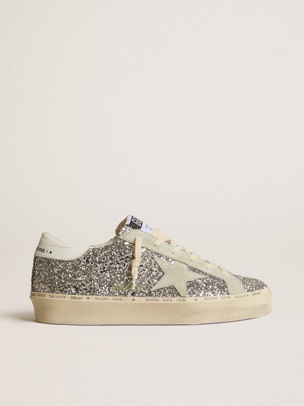 Golden Goose Womens Hi Star In Silver Glitter With Suede Star And White Heel Tab Womens