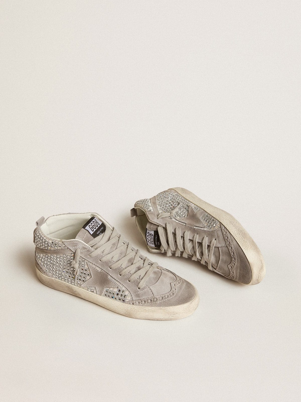 Golden Goose Mid Star In Silver Suede With Swarovski Crystals And Suede Star Womens