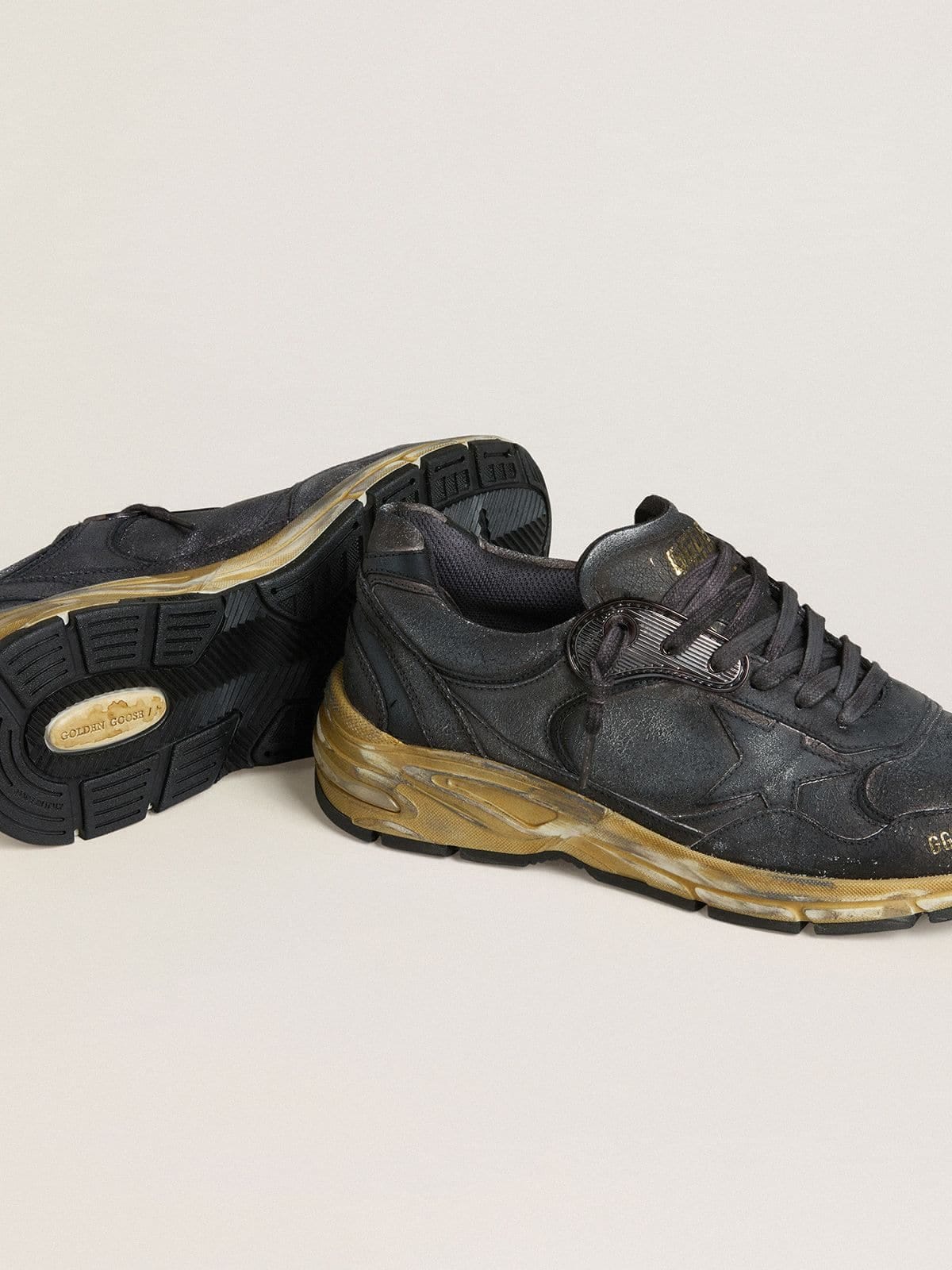 Golden Goose Womens Dad-Star In Black Naplak And Crackle Leather With Black Star And Heel Tab Womens