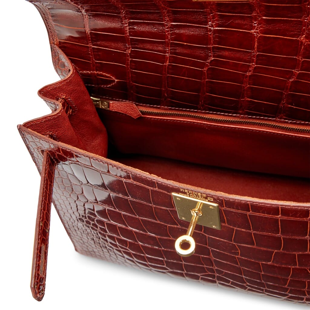 Vintage Miel Brown Shiny Alligator Sellier Kelly 28 Gold Hardware, 1999