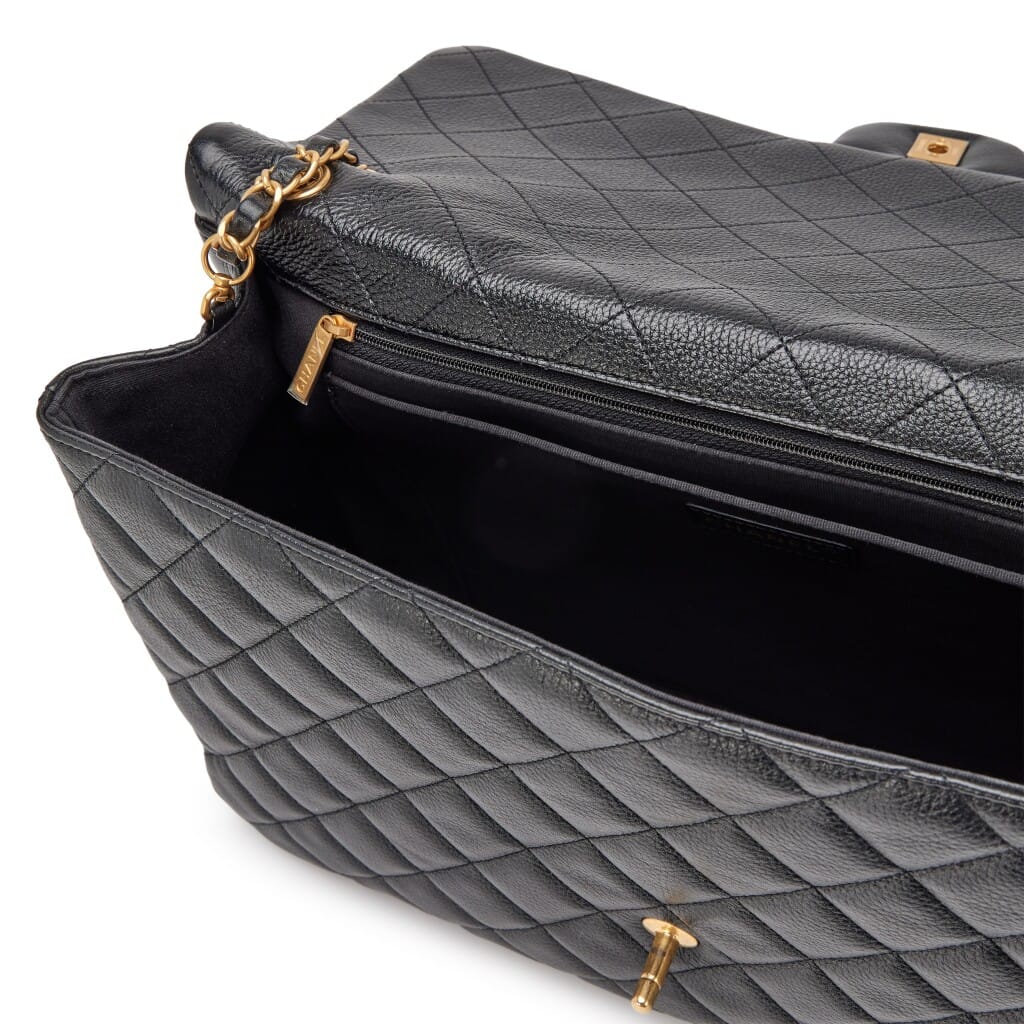 Black Quilted Grained Calfskin XXL Classic Airline Travel Flap Bag Aged Gold Hardware, 2024