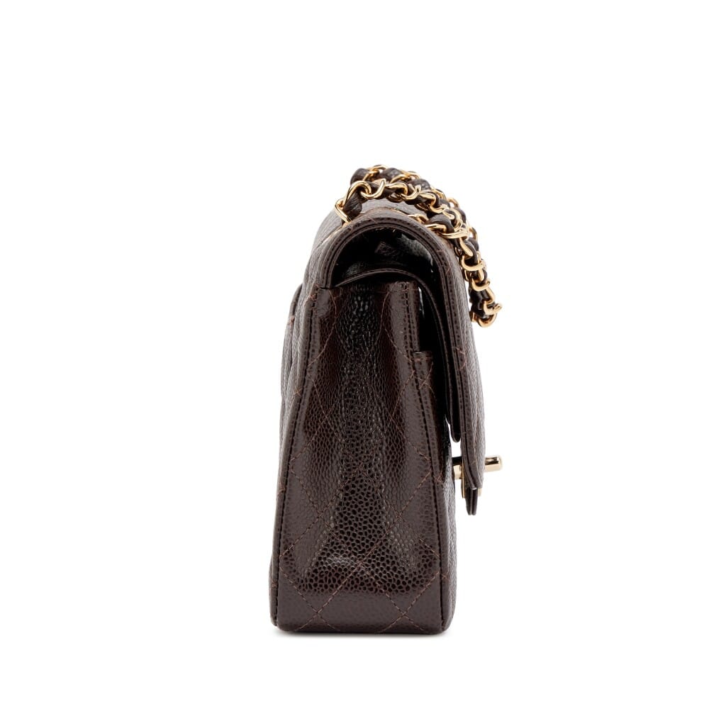 Chocolate Brown Quilted Caviar Medium Classic Double Flap Bag Gold Hardware, 2004-2005