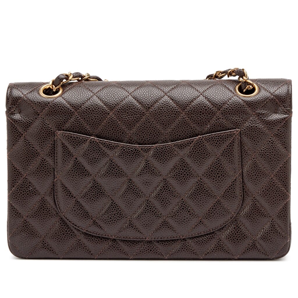Chocolate Brown Quilted Caviar Medium Classic Double Flap Bag Gold Hardware, 2004-2005
