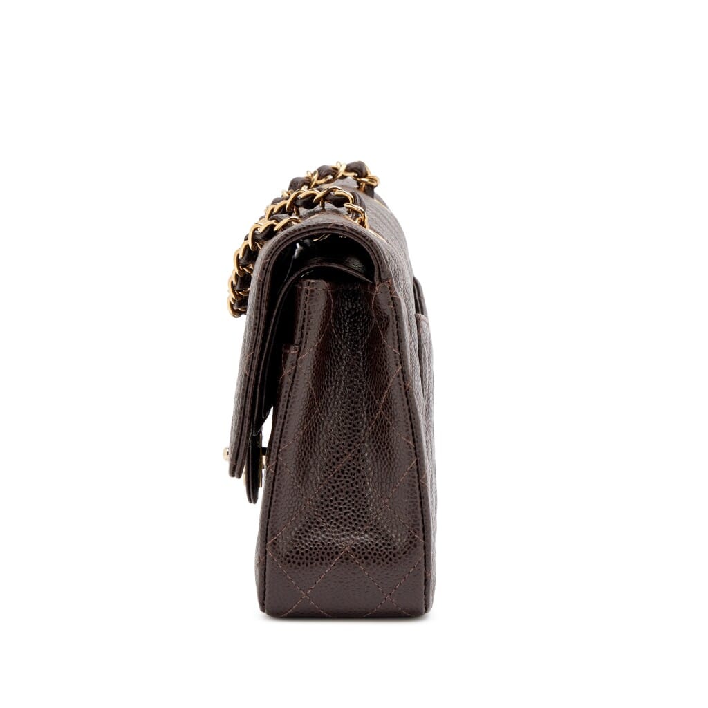 Chocolate Brown Quilted Caviar Medium Classic Double Flap Bag Gold Hardware, 2004-2005