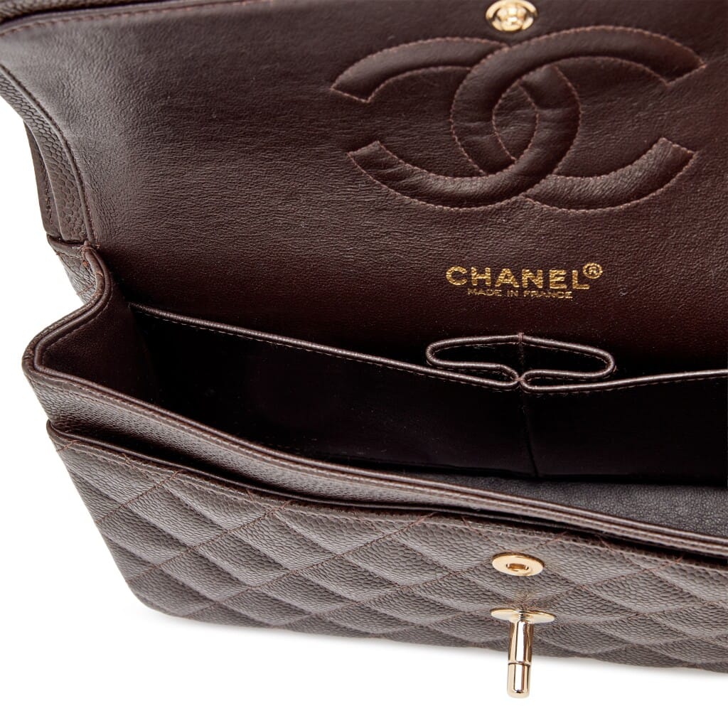 Chocolate Brown Quilted Caviar Medium Classic Double Flap Bag Gold Hardware, 2004-2005