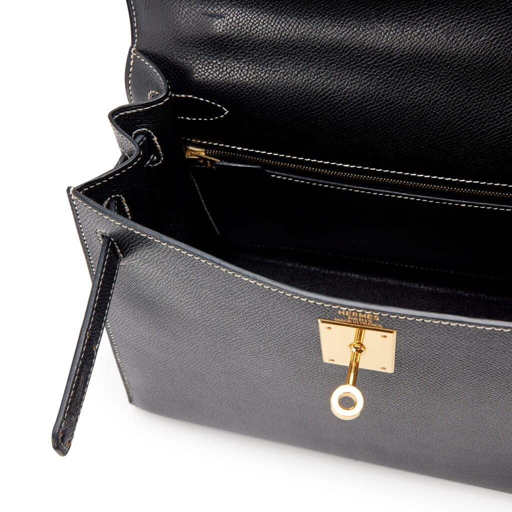 Vintage Black Veau Grain Lisse White Stitching Sellier Kelly 28 Gold Hardware, 2001