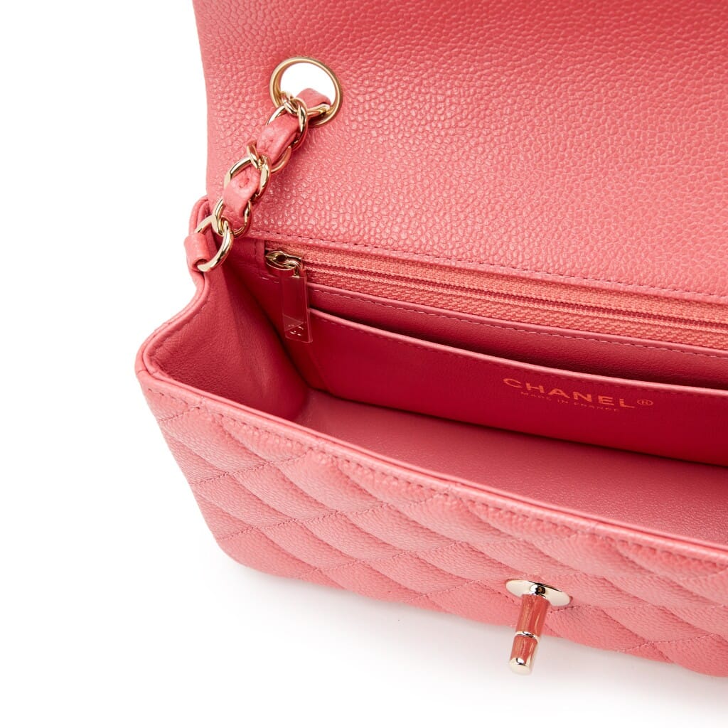 Pearly Pink Quilted Caviar Mini Rectangular Classic Flap Bag Light Gold Hardware, 2018