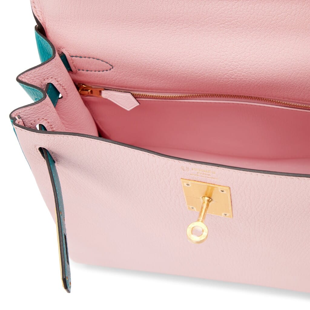 Rose Sakura Bleu Paon Chèvre Mysore Special Order HSS Retourne Kelly 28 Brushed Gold Hardware, 2018