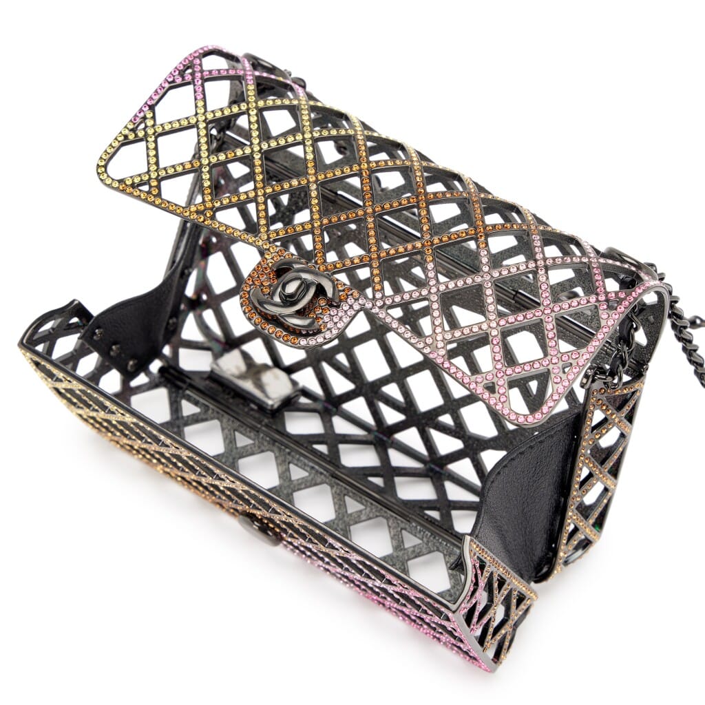 Multicolor Strass Crystal and Black Ruthenium Quilted Cage Mini Evening Bag Black Hardware, 2024