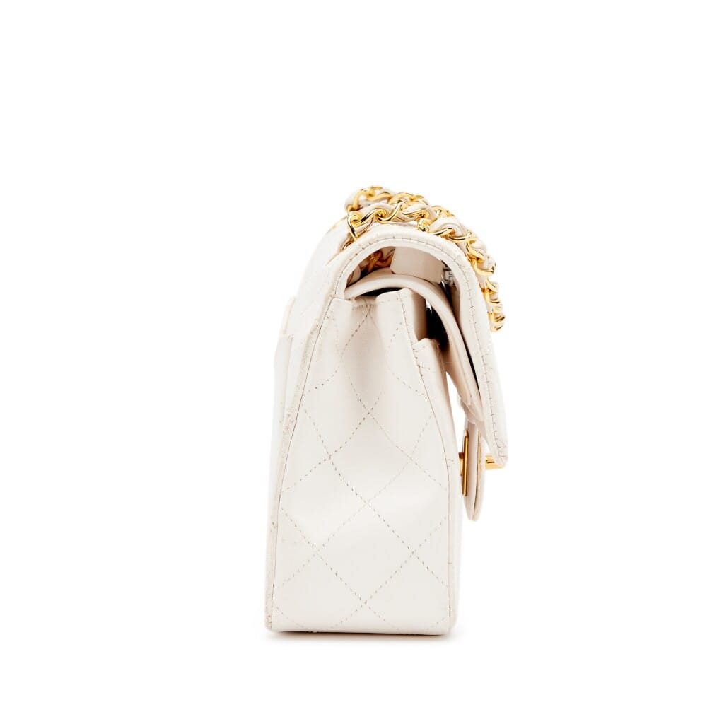 Vintage White Quilted Lambskin Small Classic Double Flap Bag Gold Hardware, 1989-1991