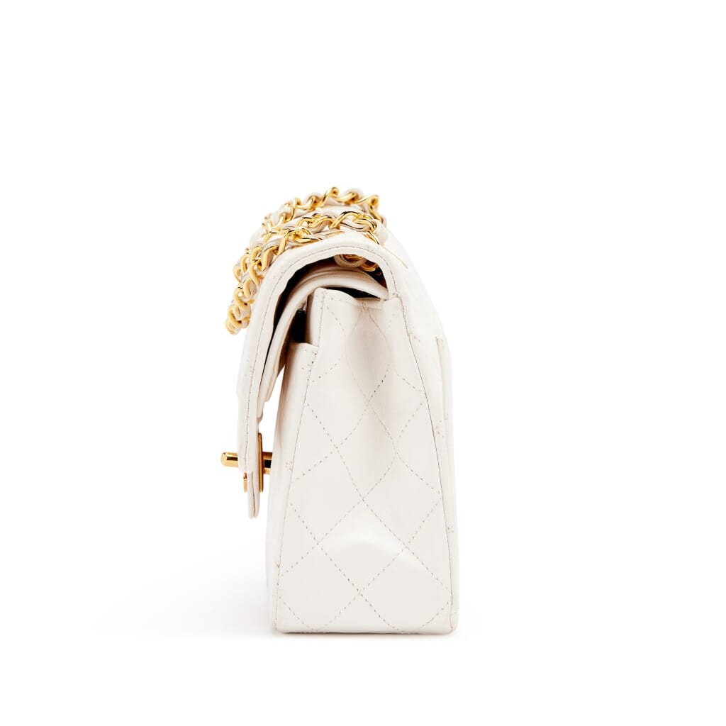 Vintage White Quilted Lambskin Small Classic Double Flap Bag Gold Hardware, 1989-1991