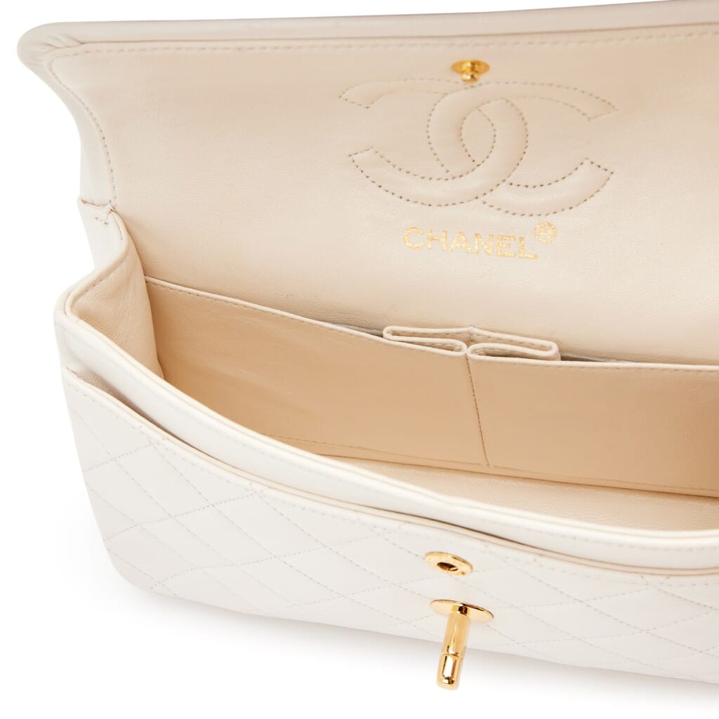 Vintage White Quilted Lambskin Small Classic Double Flap Bag Gold Hardware, 1989-1991