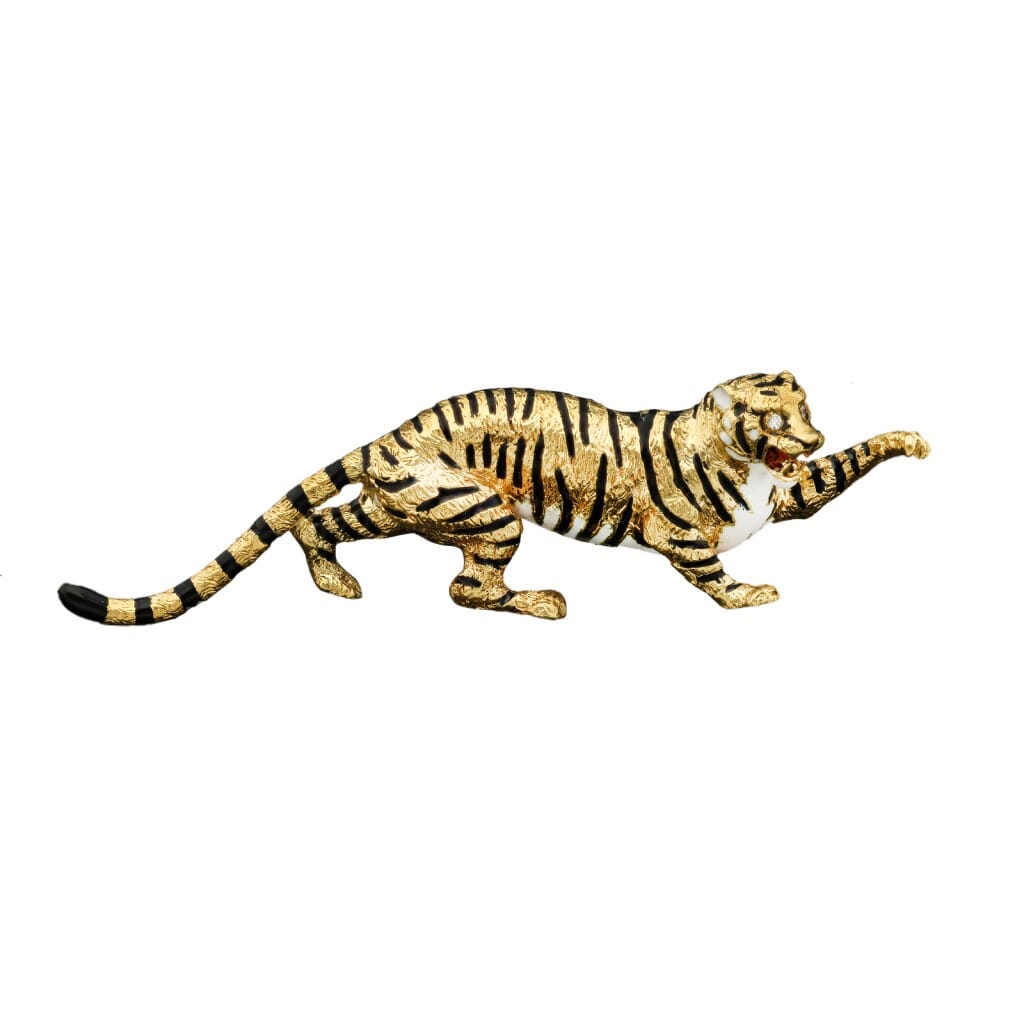 Vintage Gold, Enamel and Diamond Tiger Brooch