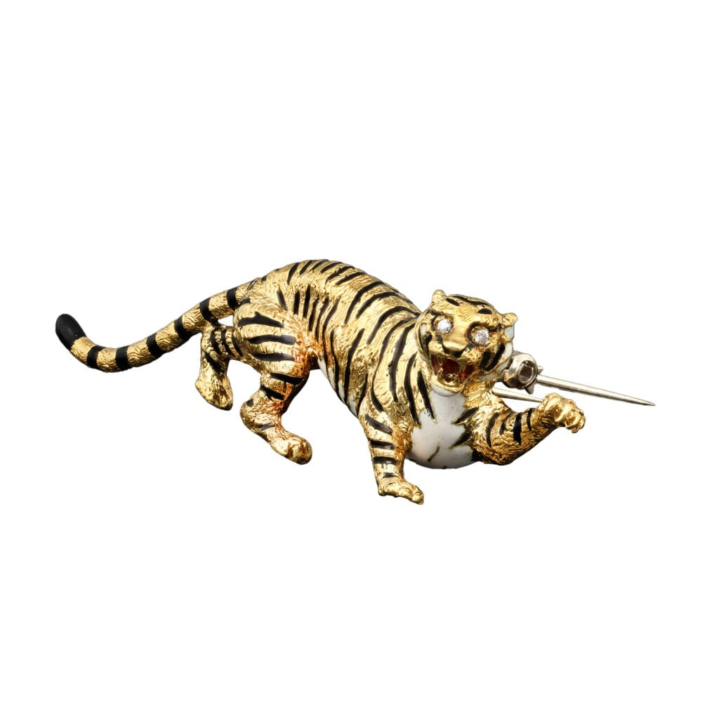 Vintage Gold, Enamel and Diamond Tiger Brooch