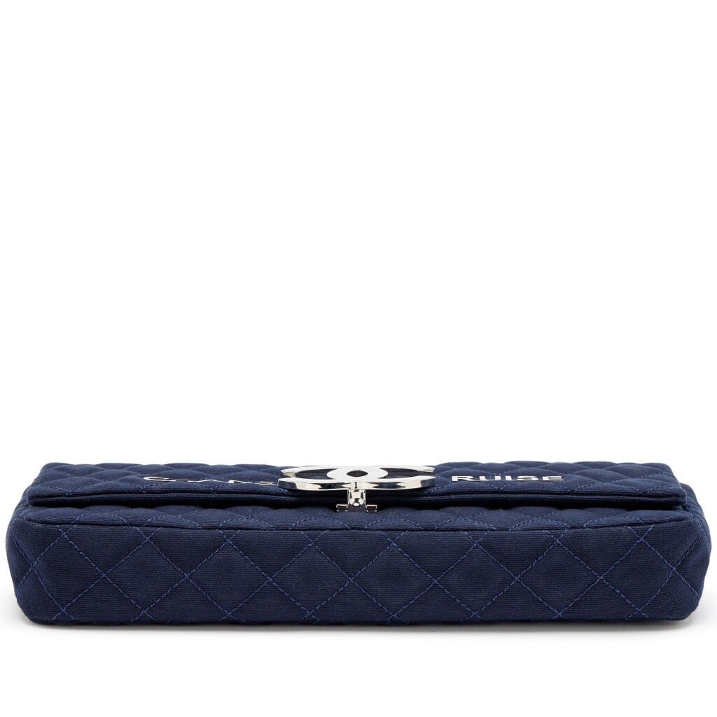 Navy Blue Quilted Canvas CC Cruise East West Flap Clutch Silver Hardware, 2009