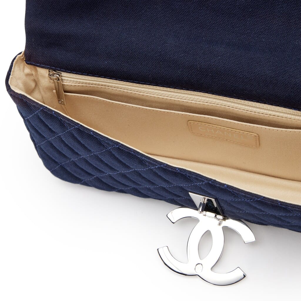 Navy Blue Quilted Canvas CC Cruise East West Flap Clutch Silver Hardware, 2009