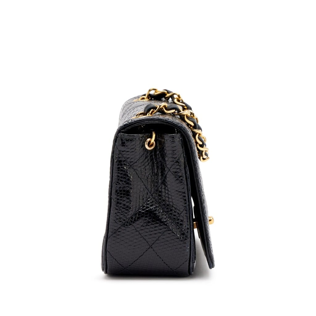 Vintage Black Quilted Lizard Mini Full Flap Bag Gold Hardware, 1989-1991