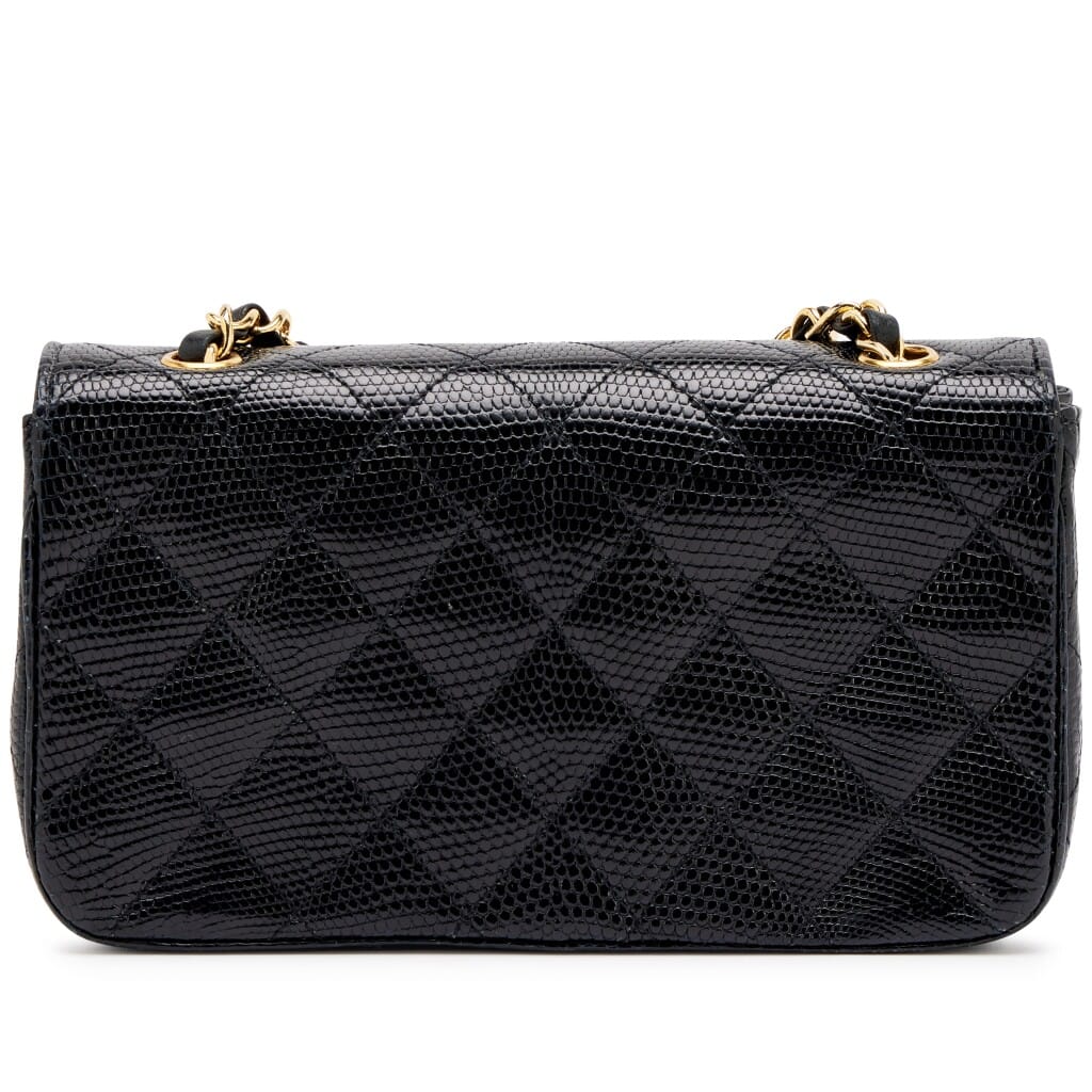 Vintage Black Quilted Lizard Mini Full Flap Bag Gold Hardware, 1989-1991