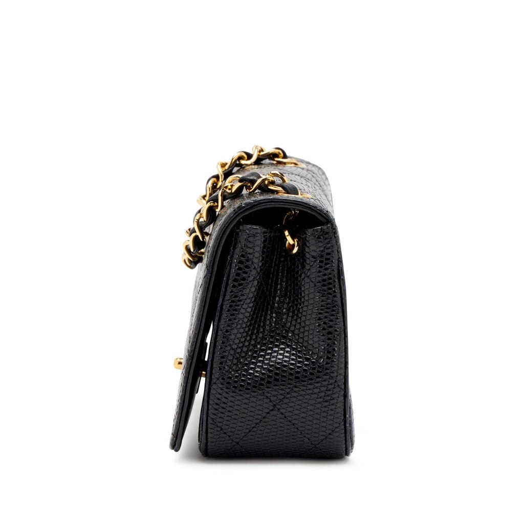Vintage Black Quilted Lizard Mini Full Flap Bag Gold Hardware, 1989-1991