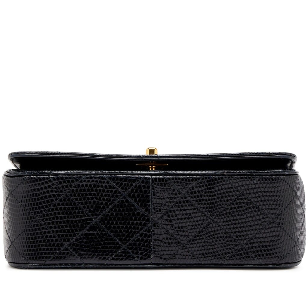Vintage Black Quilted Lizard Mini Full Flap Bag Gold Hardware, 1989-1991