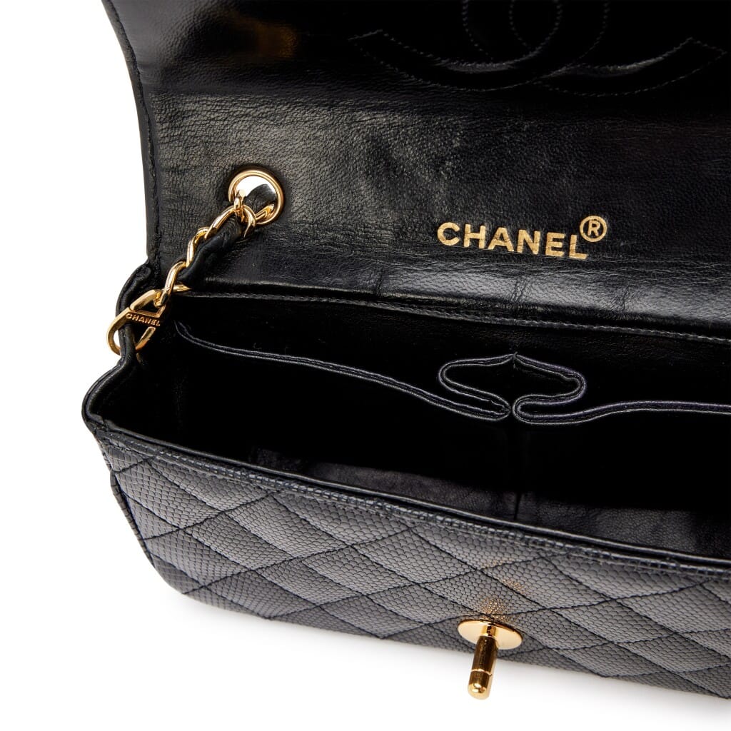 Vintage Black Quilted Lizard Mini Full Flap Bag Gold Hardware, 1989-1991