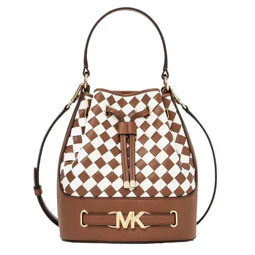 Michael Kors Reed Medium Belted Bucket Bag Woven Luggage Multi Brown White