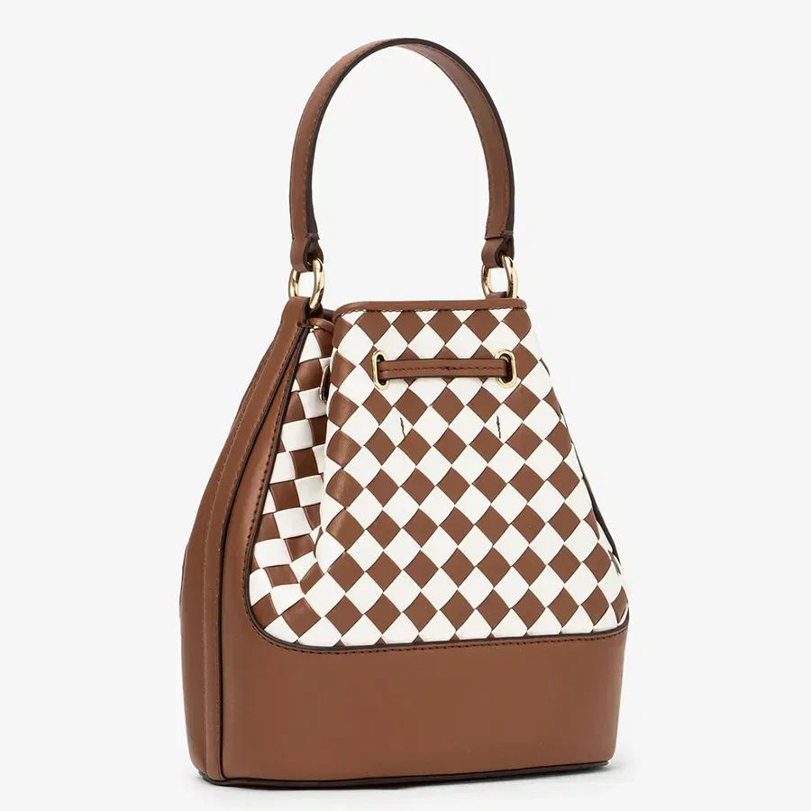 Michael Kors Reed Medium Belted Bucket Bag Woven Luggage Multi Brown White