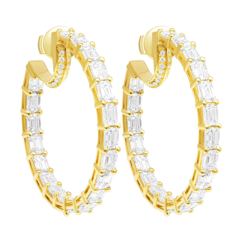 Gold, 6.95ctw Emerald Cut Diamond and Diamond Hoop Earrings