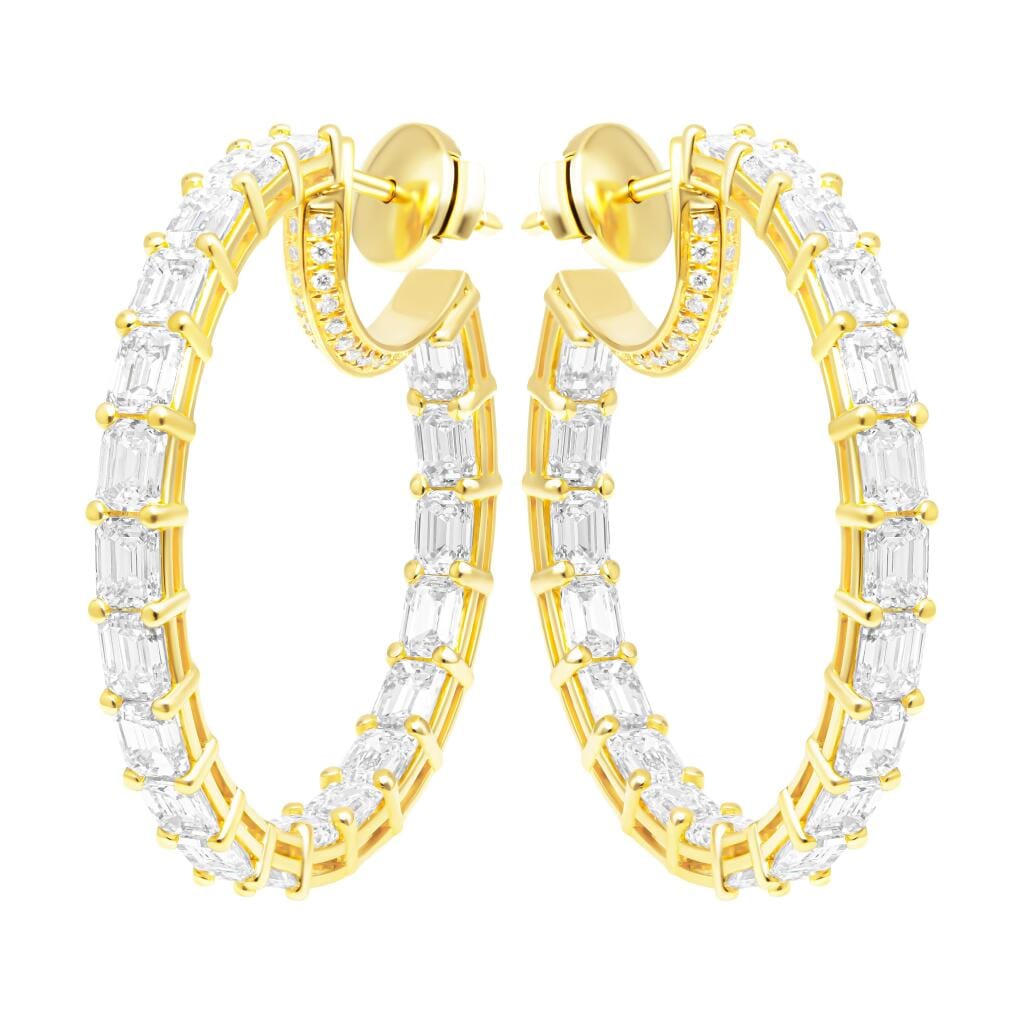 Gold, 6.95ctw Emerald Cut Diamond and Diamond Hoop Earrings