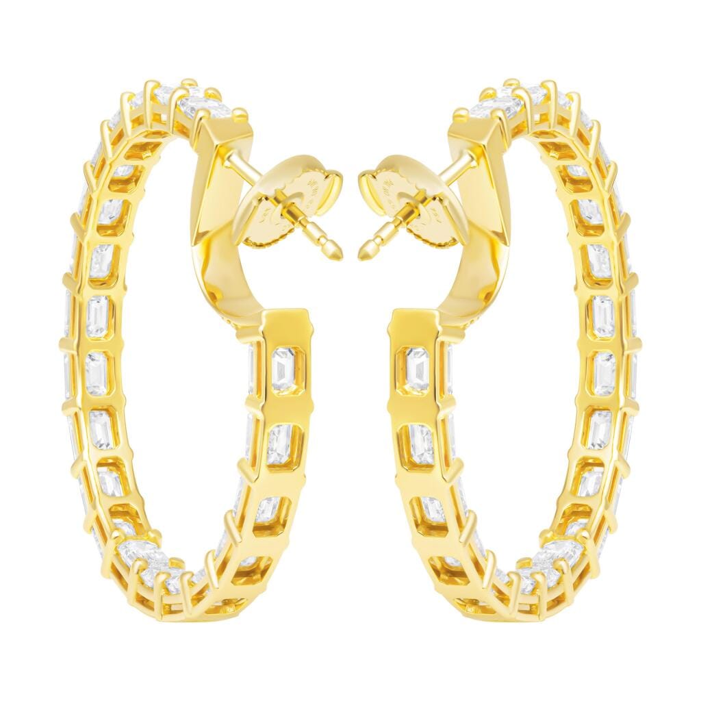 Gold, 6.95ctw Emerald Cut Diamond and Diamond Hoop Earrings