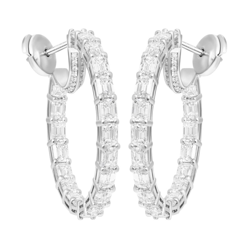 Platinum, 7.00ctw Emerald Cut Diamond and Diamond Hoop Earrings