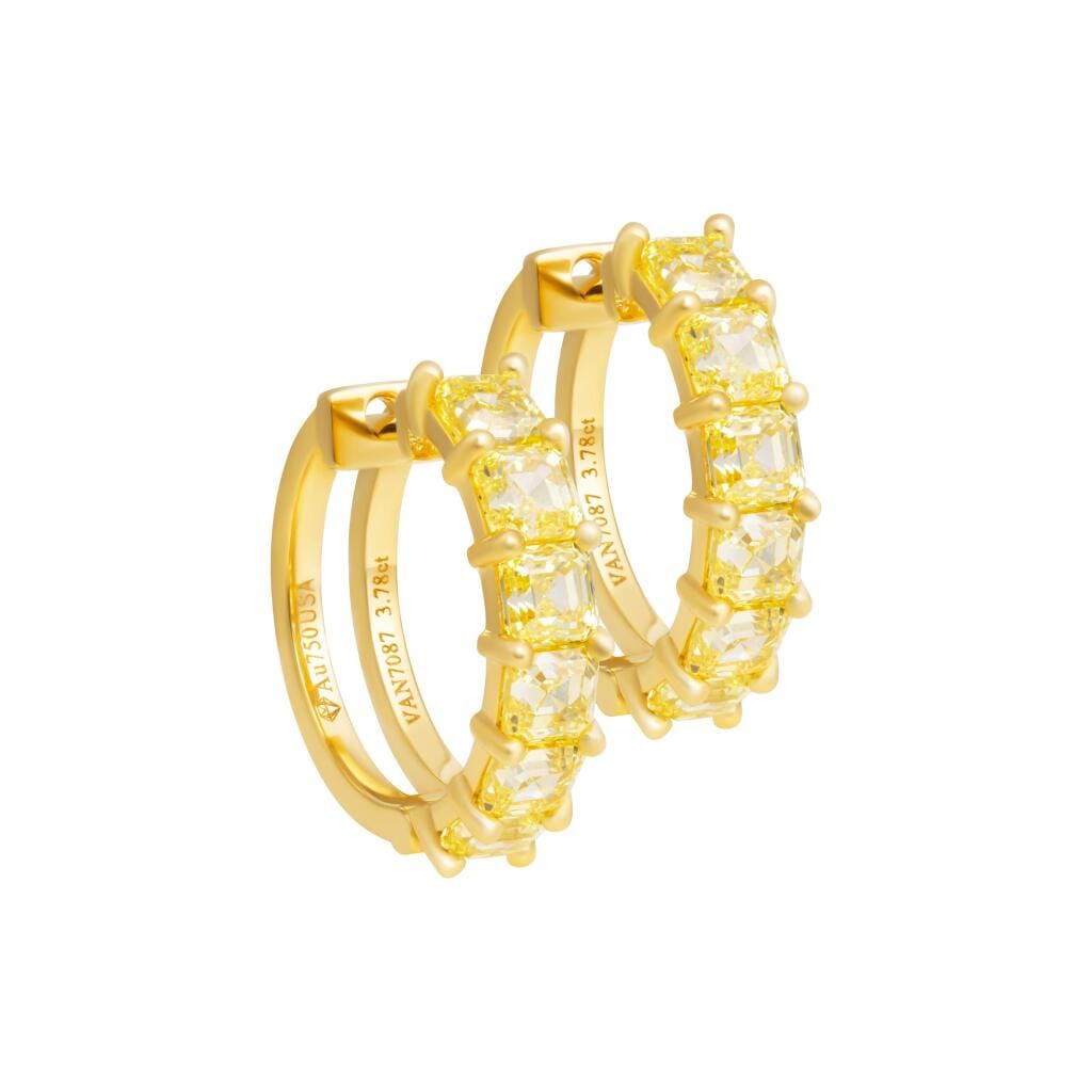 Gold and 3.78ctw Asscher Cut Yellow Diamond Hoop Earrings
