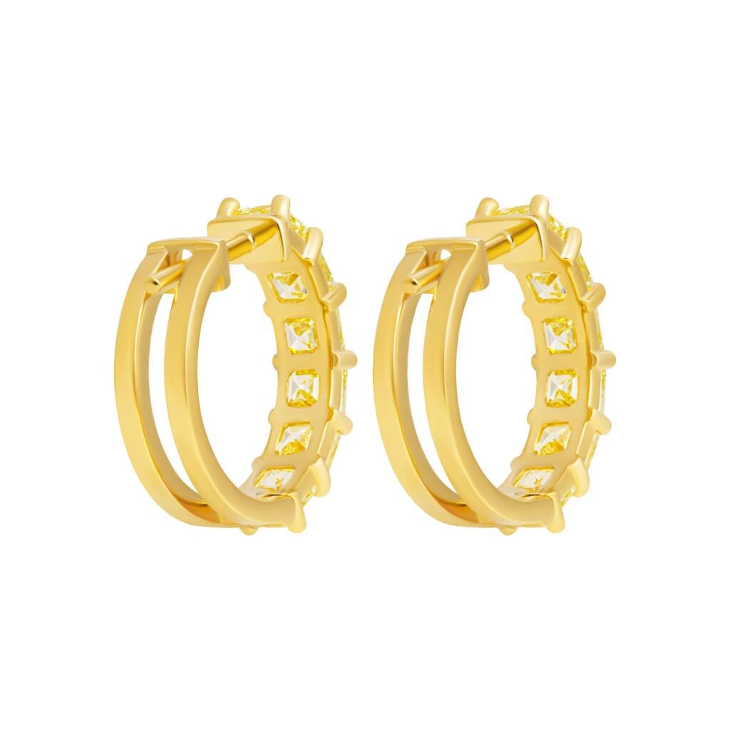 Gold and 3.78ctw Asscher Cut Yellow Diamond Hoop Earrings