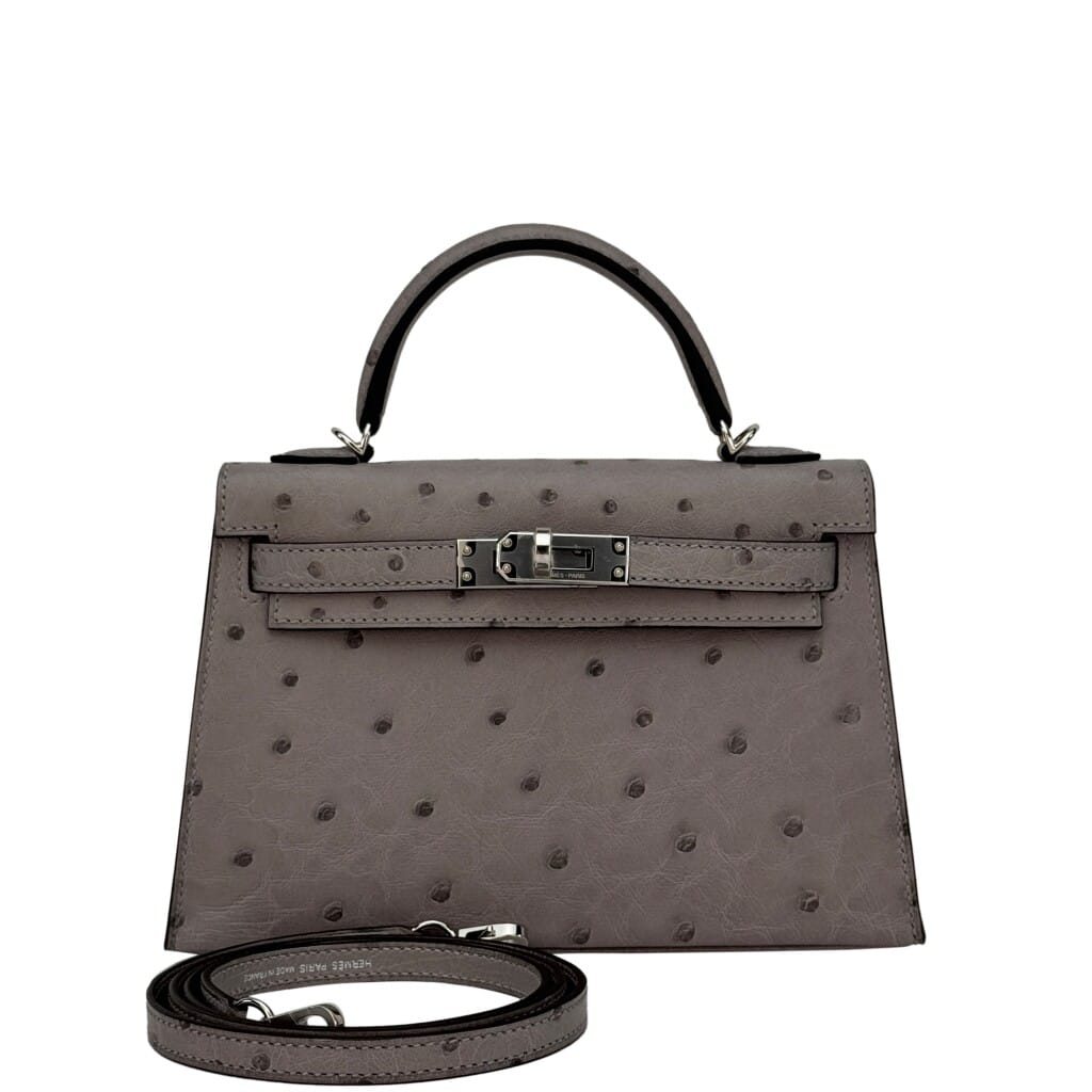 Gris Mouette Ostrich Mini Kelly 20 II Palladium Hardware, 2026