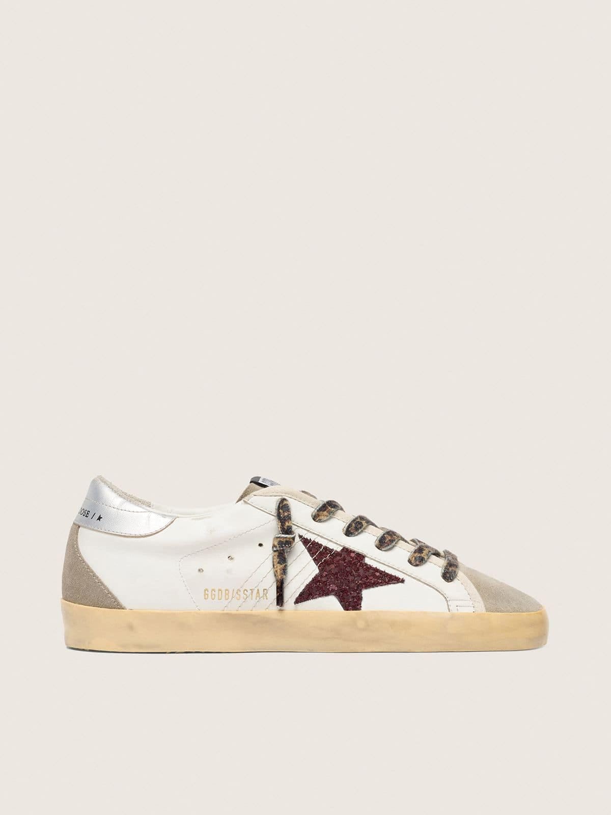 Golden Goose Super-Star With Burgundy Glitter Star And Silver Heel Tab Womens