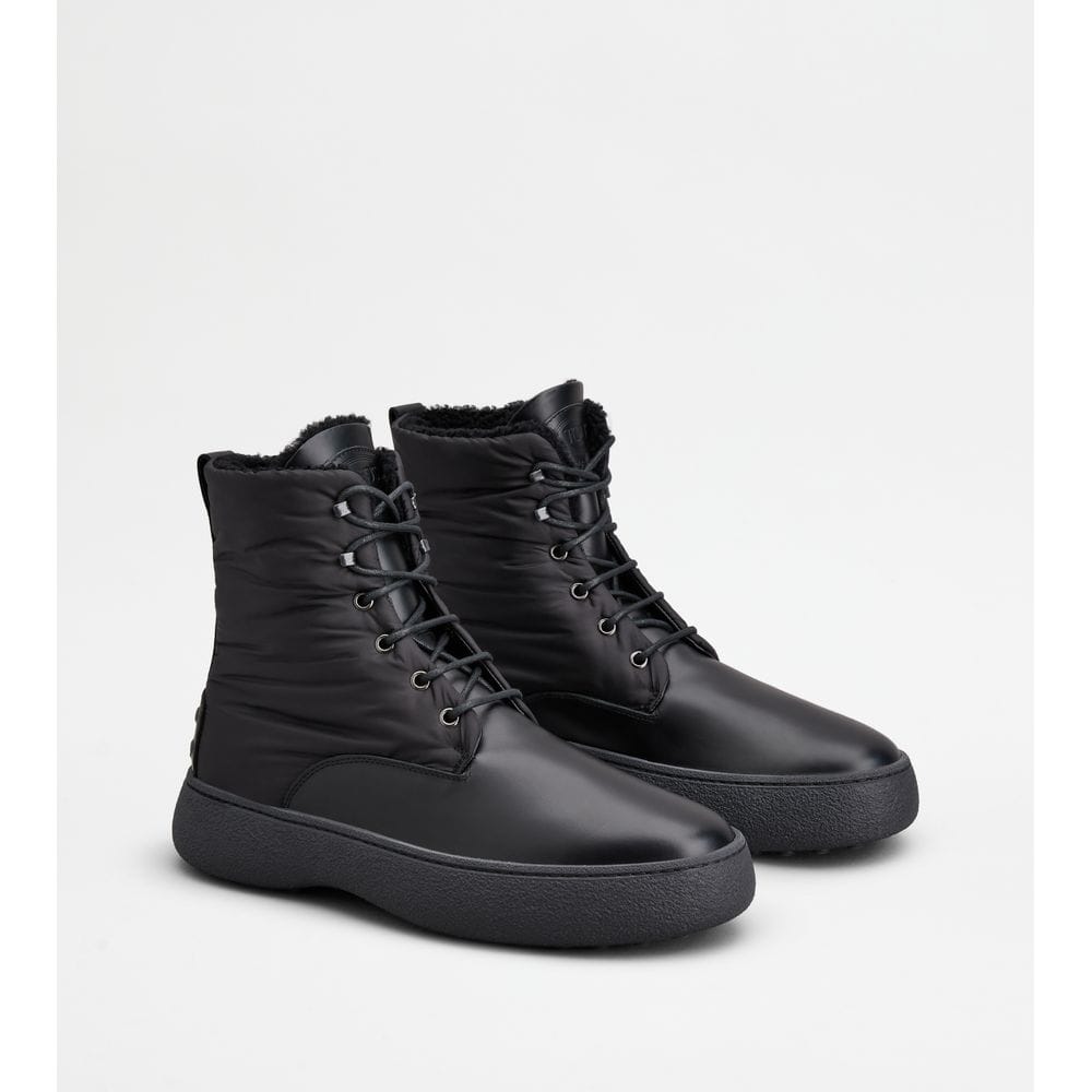 Tods W. G. Lace-Up Ankle Boots In Leather And Fabric Black Mens