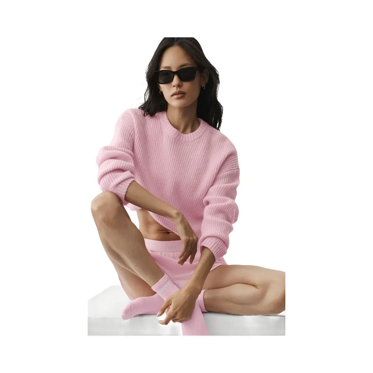 Alo Wool Cashmere Ribbed Noble Crewneck Sweater 'Pink Marshmallow'