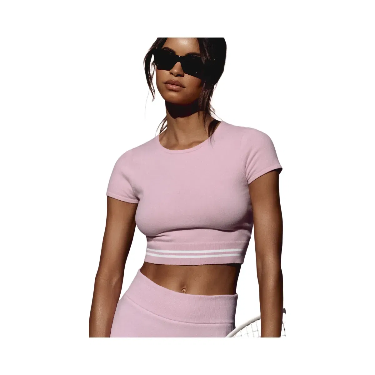 Alo Scholar Knit My Serve Short Sleeve 'Pink Marshmallow/White'