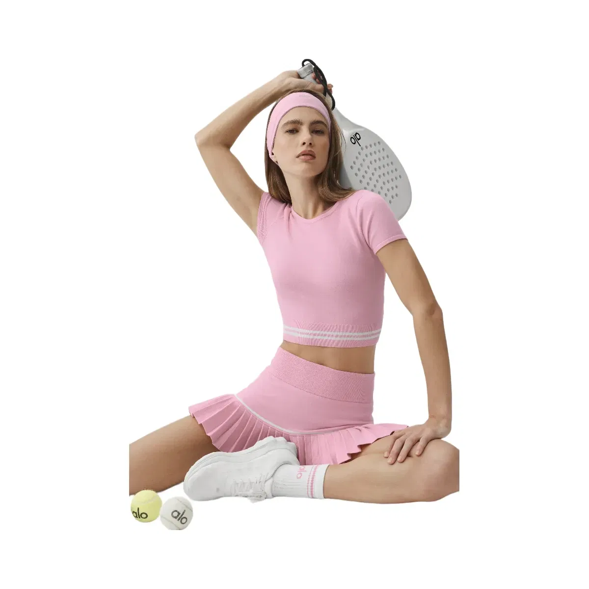 Alo Scholar Knit My Serve Short Sleeve 'Pink Marshmallow/White'